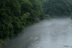 霧煙る川