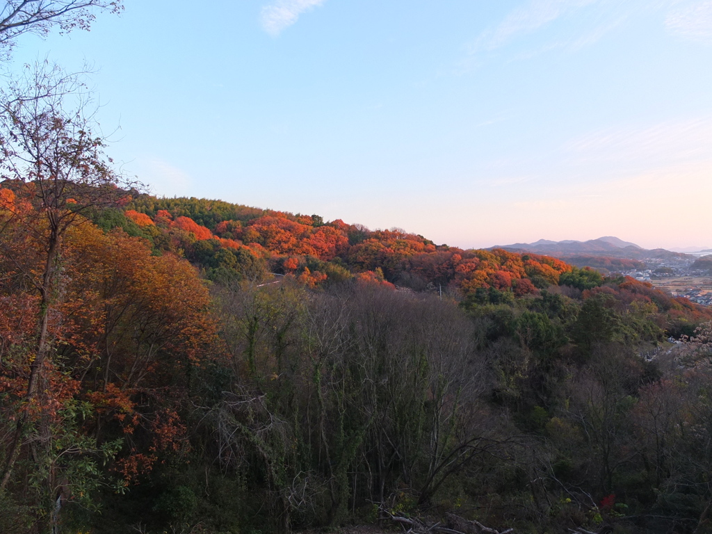 夕日に照らされる近くの山　2