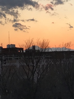 夕焼けに富士山の影