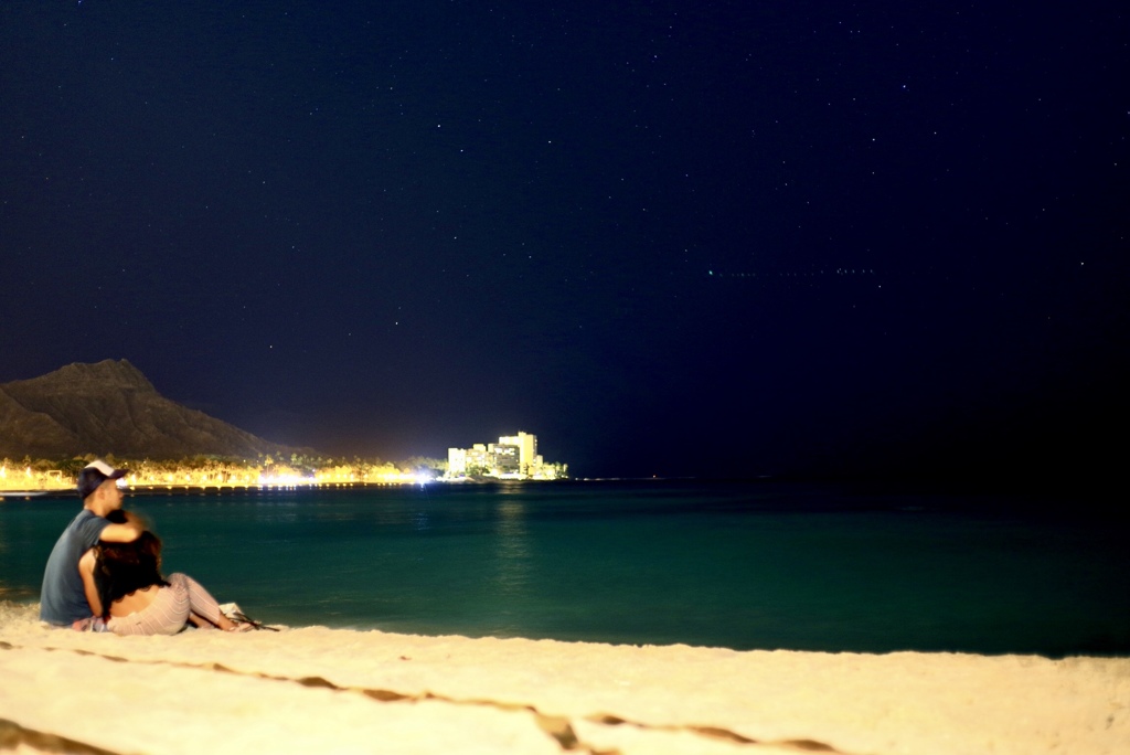 静かな夜の海で