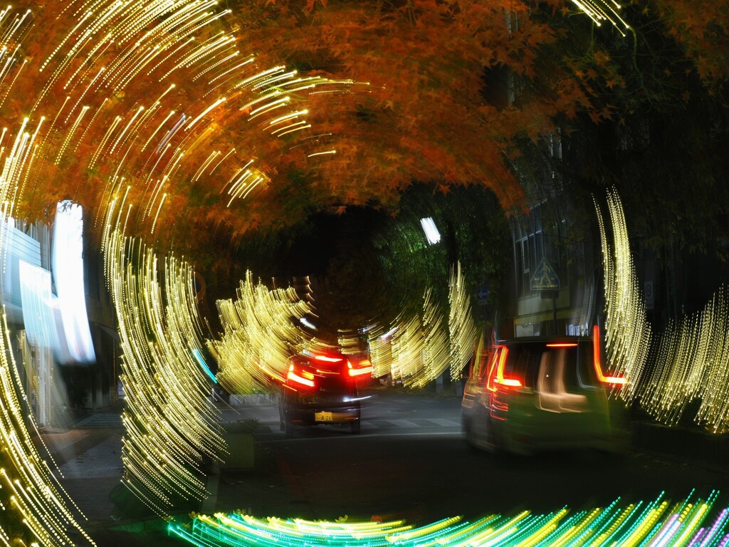 光のトンネルと紅葉