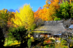 「紅葉と茅葺きの家」