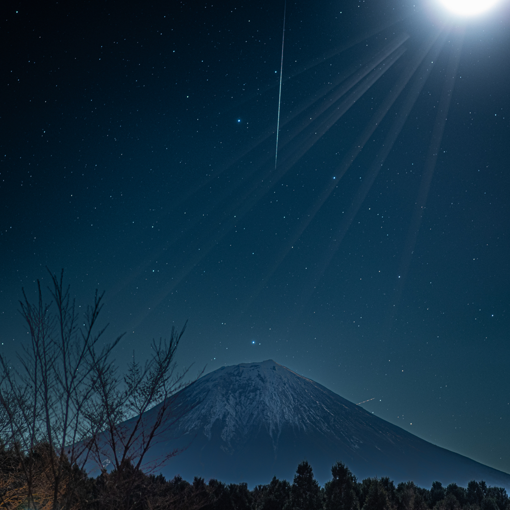 月明かりの富士と流星