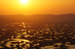 夕日に照らされる散居村