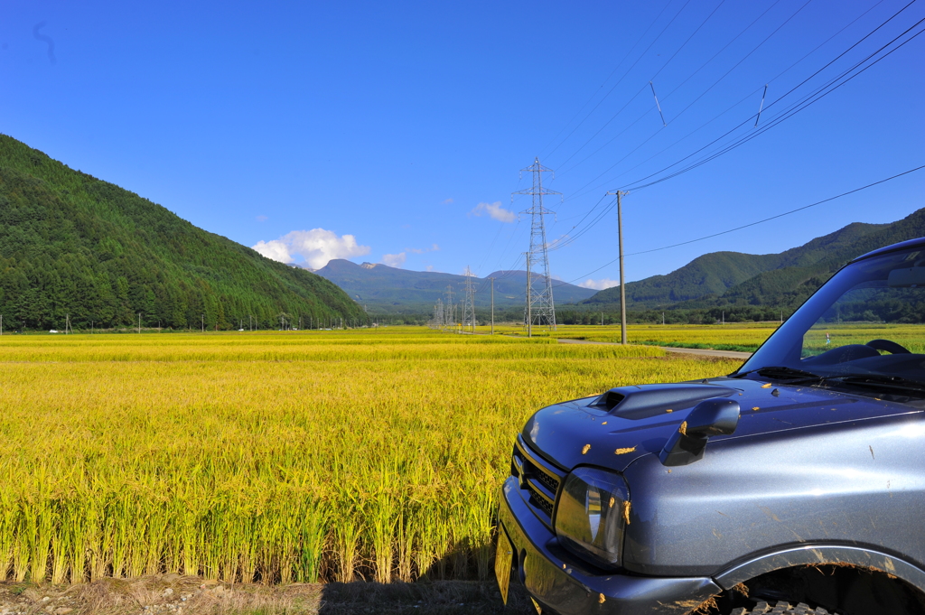 愛車と田園風景