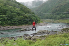 雨煙る四万十川