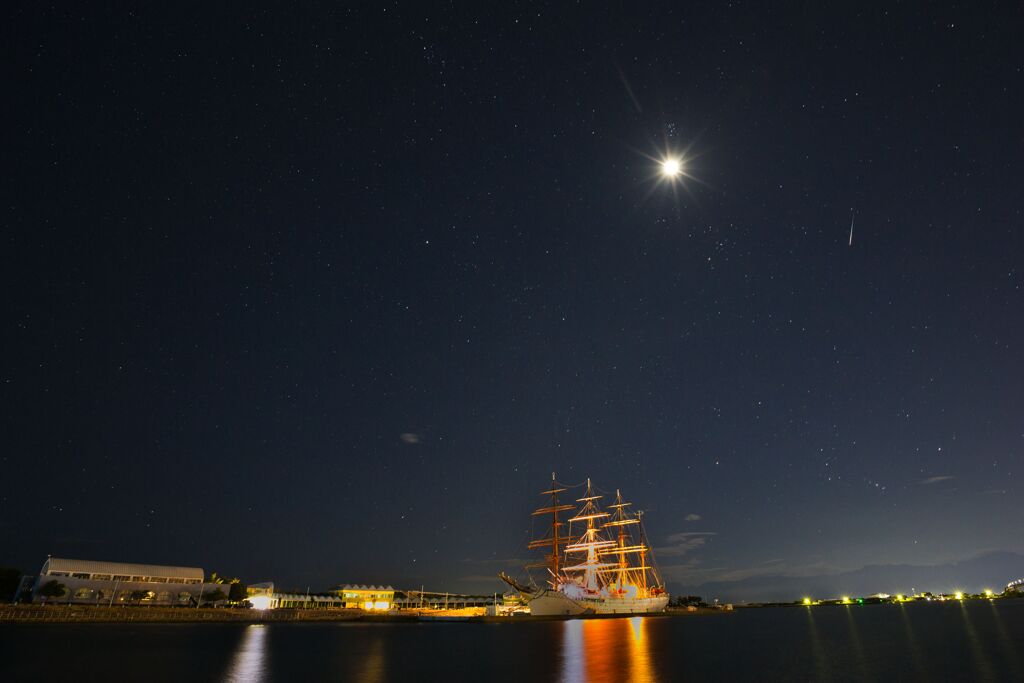 月、オリオン座、流れ星