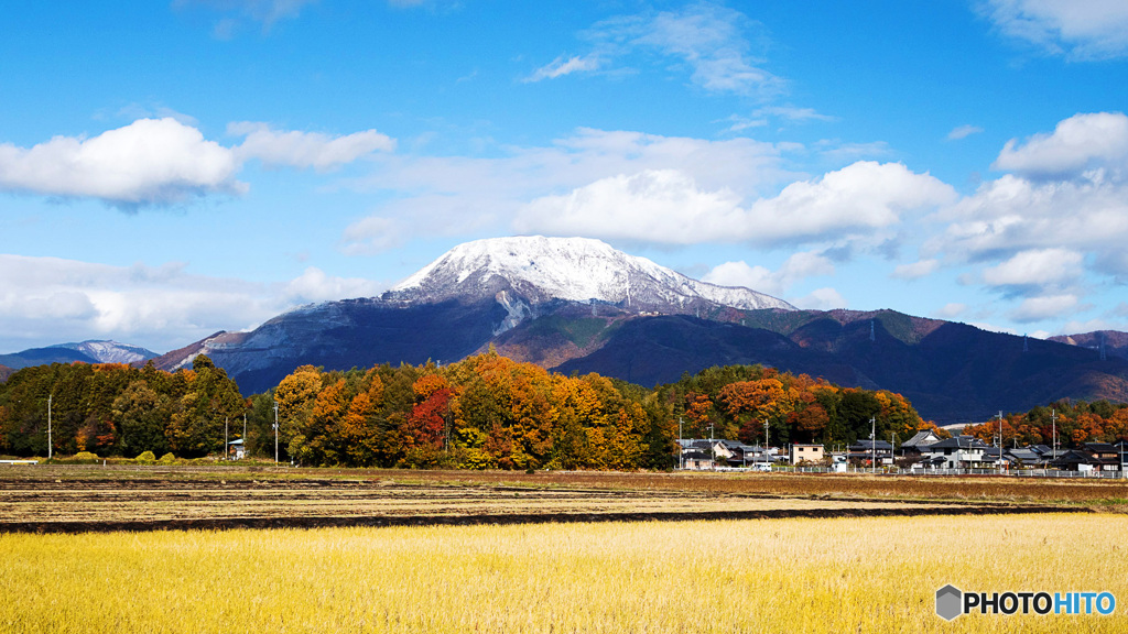 紅葉と雪山