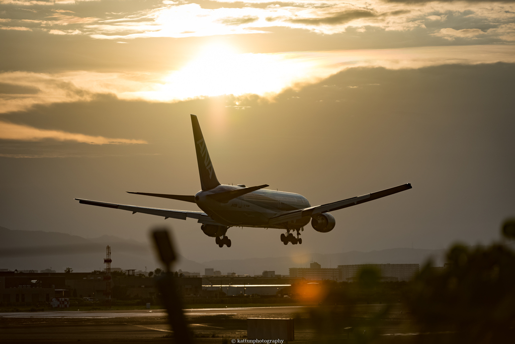 夕日に照らされる飛行機