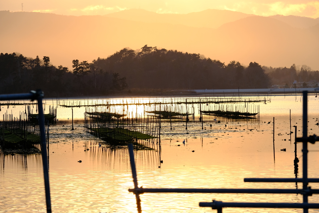 松川浦の夕暮れと海苔の竹柵