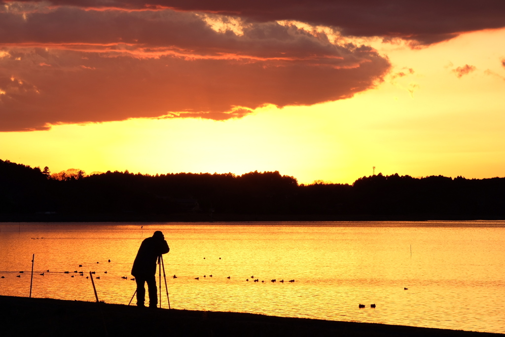 涸沼の夕陽とフォトグラファー