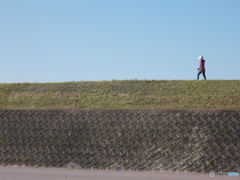 堤防を女が一人