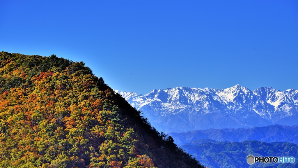 紅葉と雪山