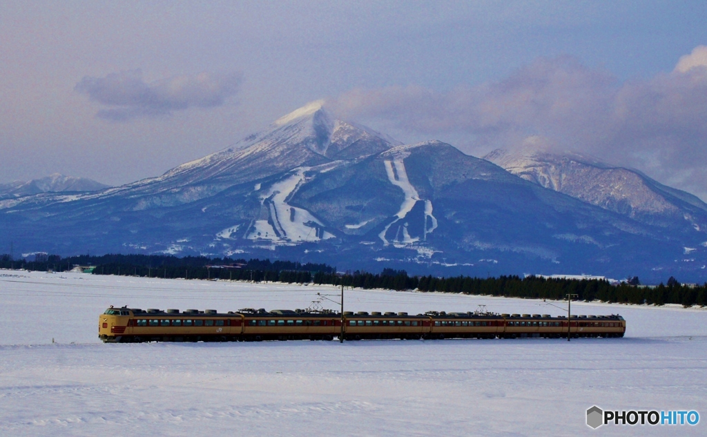 雪景色　磐梯山と485系電車！①～③の中の③（完）