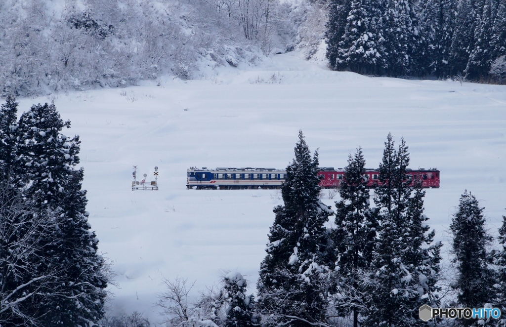 只見線　雪原風景の中に閉ざされた踏切！