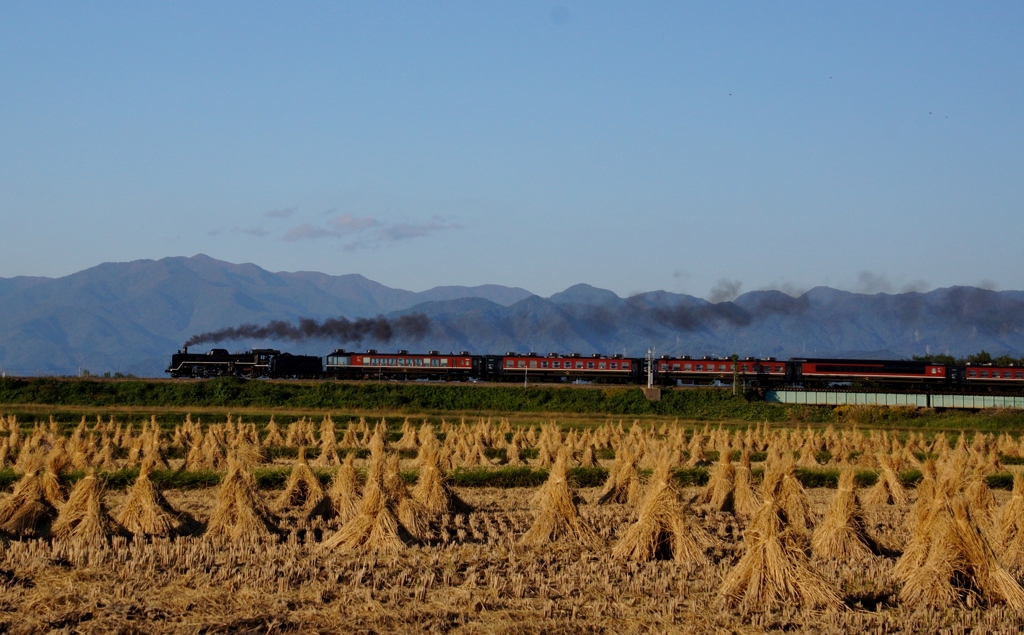 整然と並ぶ藁ボッチに汽車！