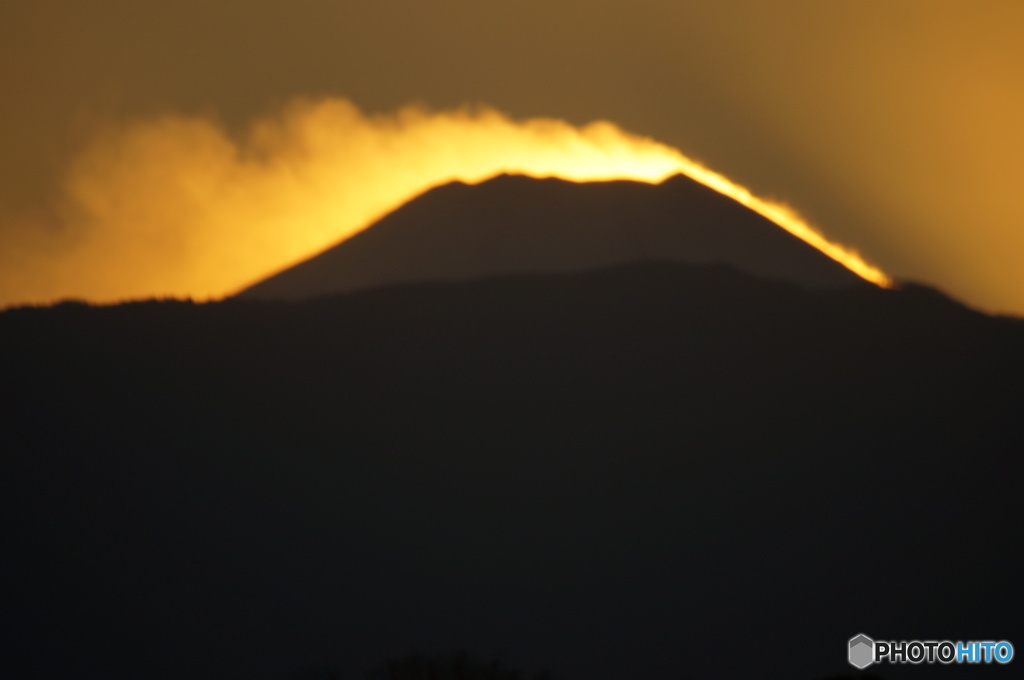 富士山　夕陽シルエット！日の入り直後！
