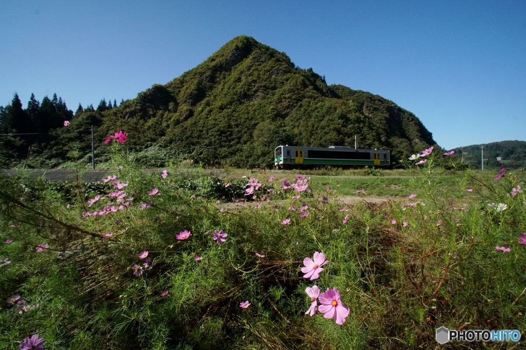入広瀬の富士山　鷹町山の麓を走る単行キハ！