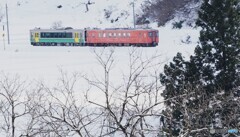 雪原を往く只見線のカラフルなキハ！