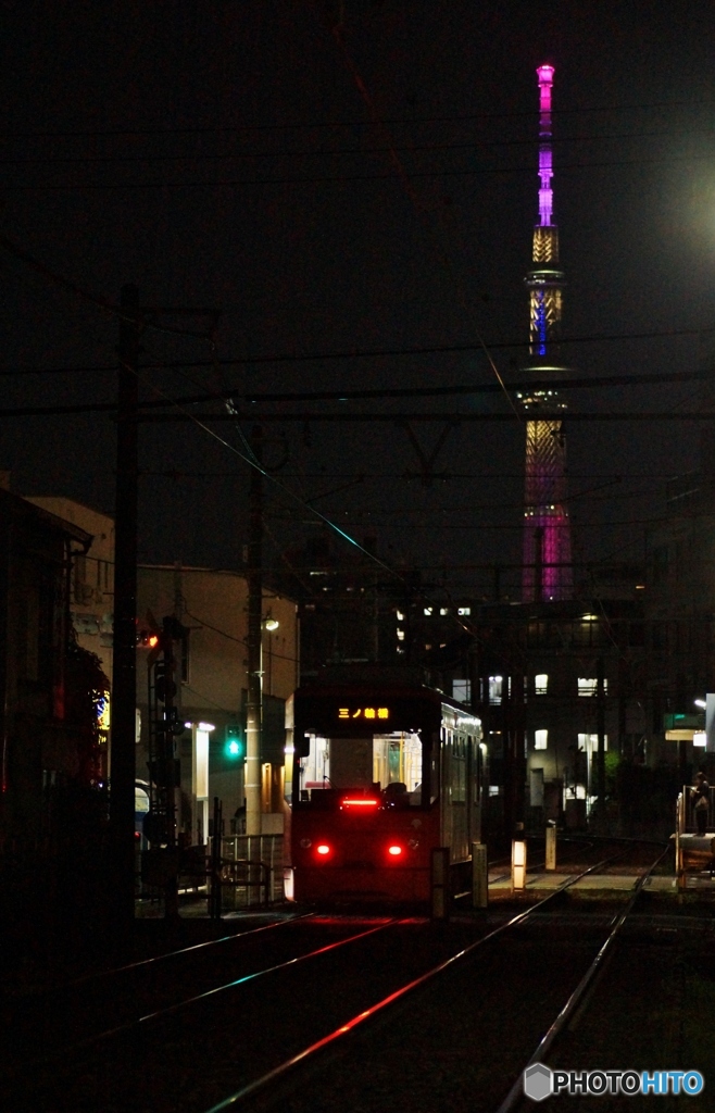 東京さくらトマム（都電荒川線）東京スカイツリーとの夜景①