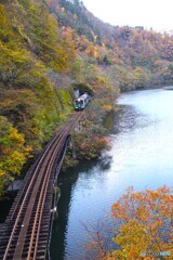 紅葉の川べりを走るキハE120！