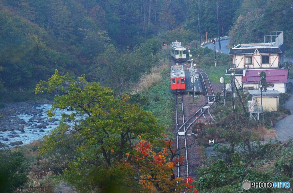 大白川駅列車交換俯瞰撮影！