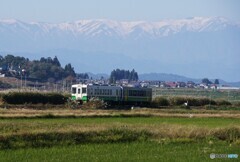 冠雪している飯豊連峰に只見線！