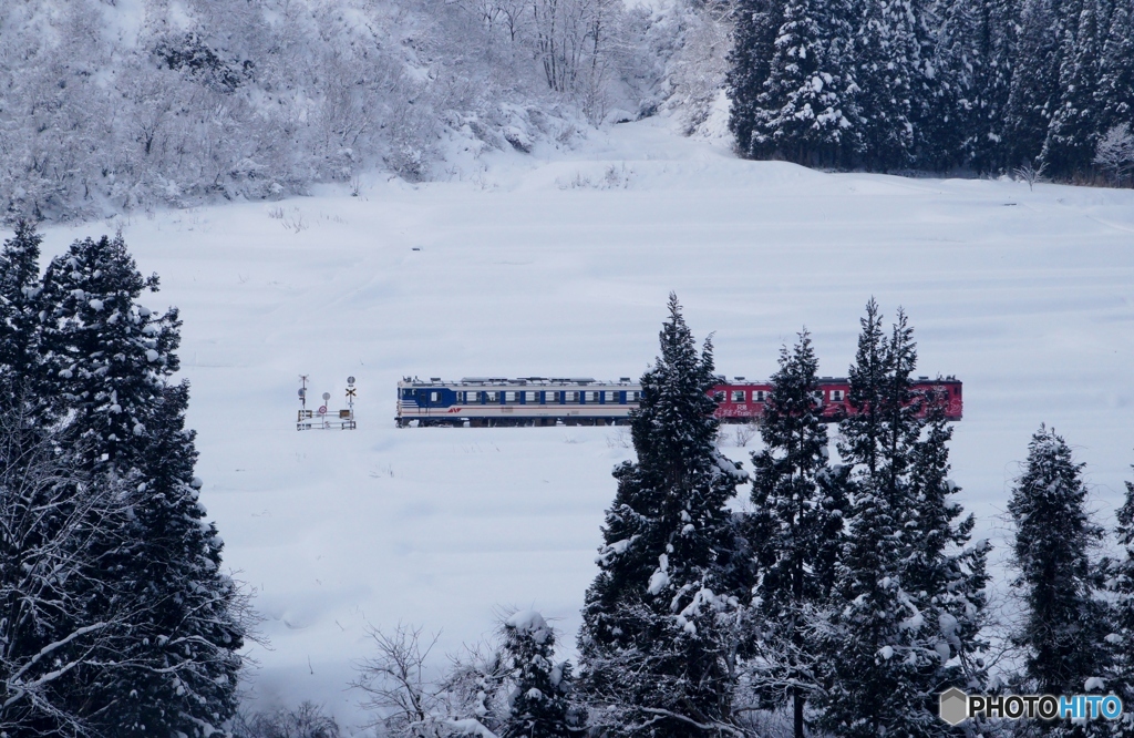 雪の中のポツンと踏切！