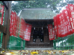 雨、神社にて