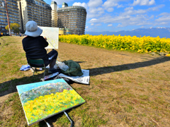 菜の花畑を描く