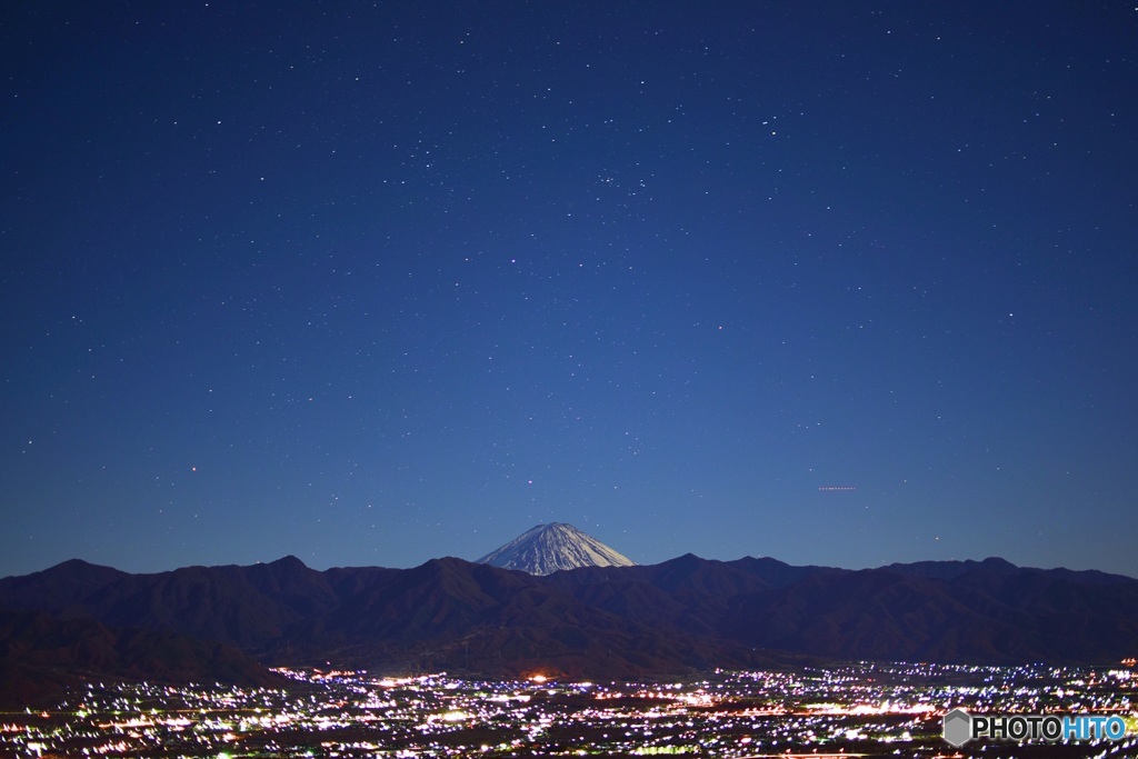 富士山と夜景と星空