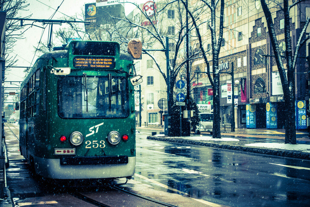 A tram in the snow