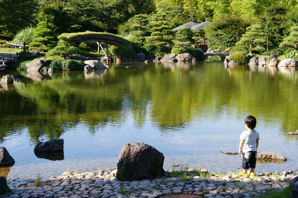 池を見つめる少年