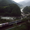 貨物列車と木曽川（寝覚の床）