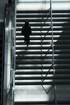 A woman walking up the stairs