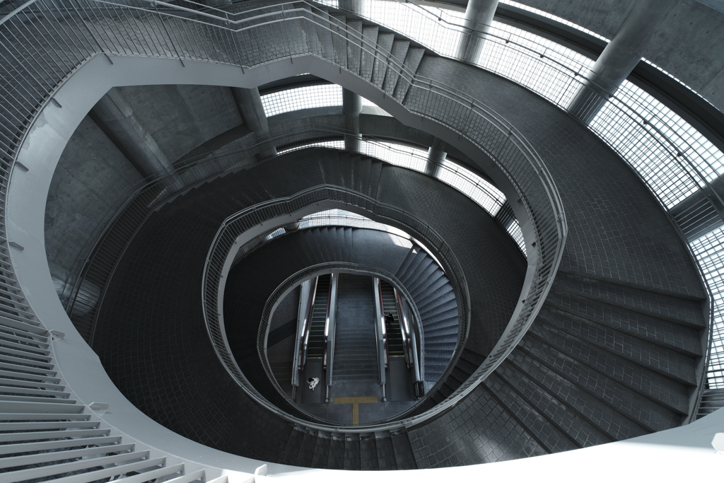 and spiral staircase and escalator
