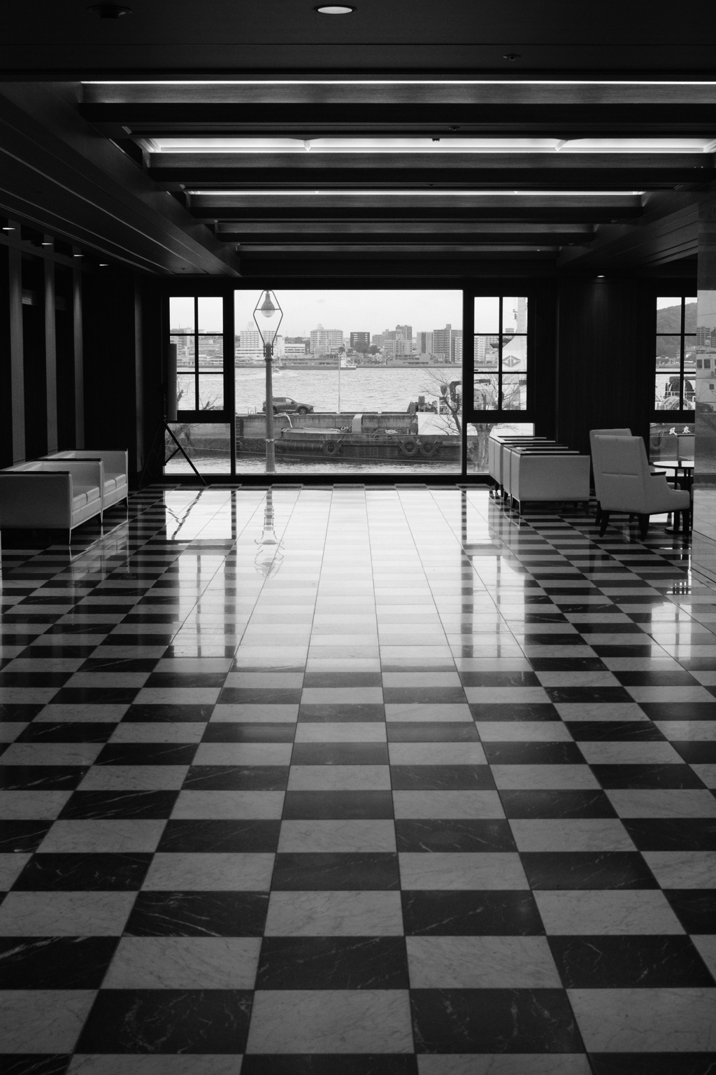 black and white tile floor