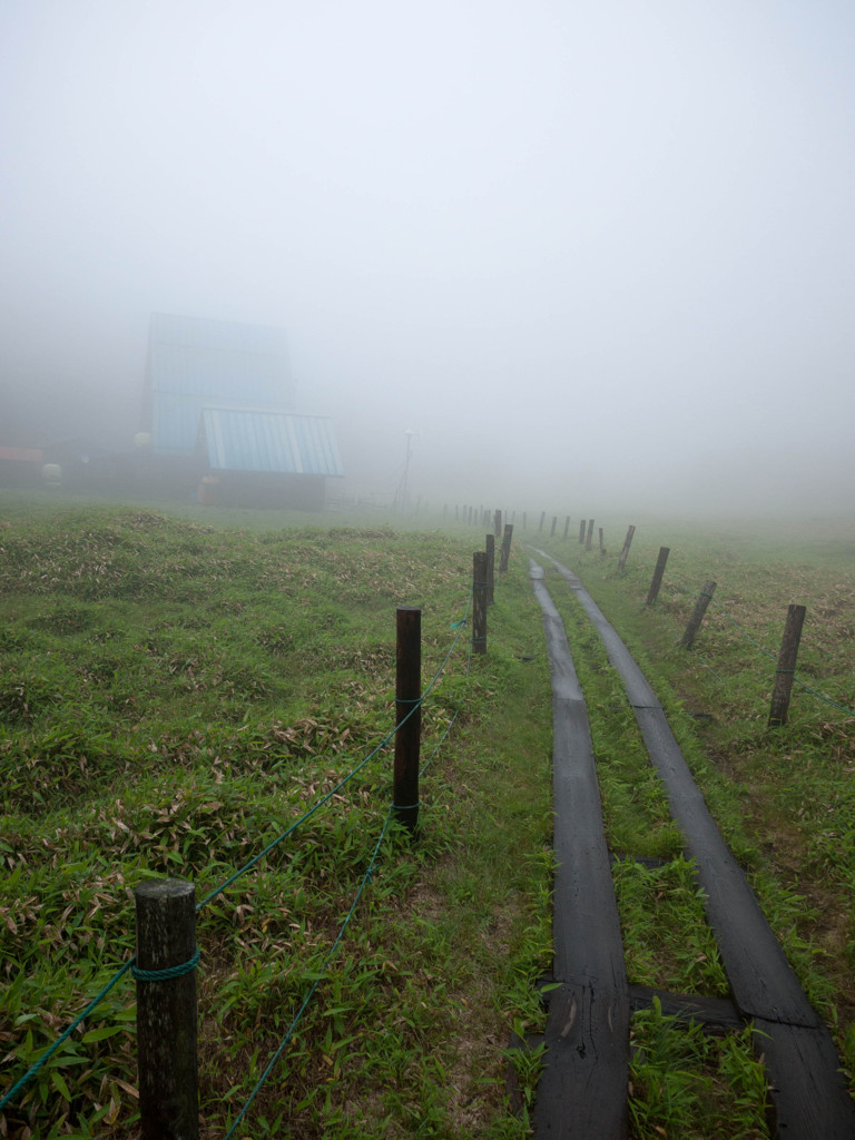 Mountain cottage in the fog