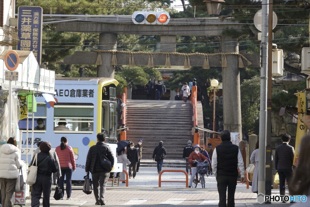 住吉大社　大鳥居と反り橋とチン電