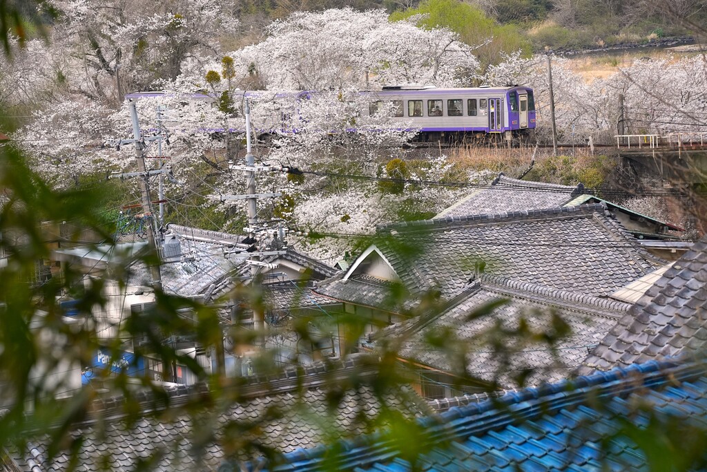 瓦屋根と鉄道の風景