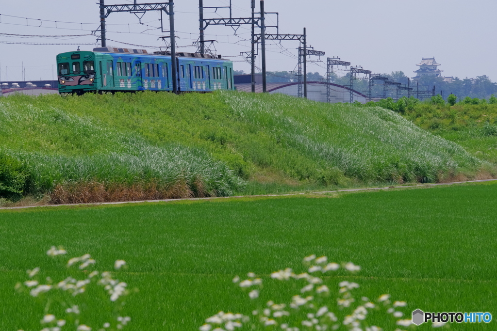 伊賀上野城バックに忍者電車が行く