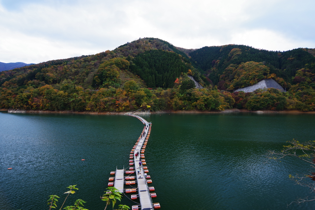 奥多摩湖 有名な浮橋 真正面から