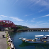 長崎観光　池島へ移動　フェリー乗場　青い海と空　赤い橋