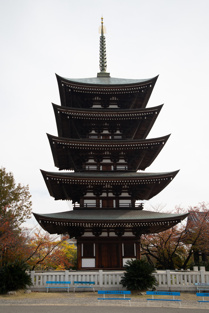 五重塔と青いベンチ