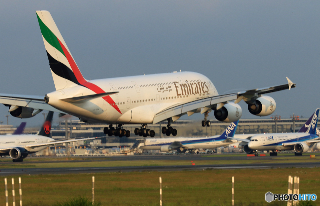 [青い空]　Emirates A380-861 A6-EDC 着陸