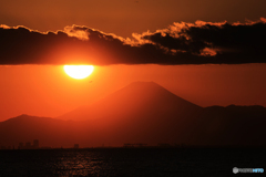 「すかい」東京湾の夕暮れと富士山 ＆ 太陽の下飛行機が！