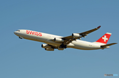 「青が大好き」 Swiss A340-313 HB-JMI 飛び立ち