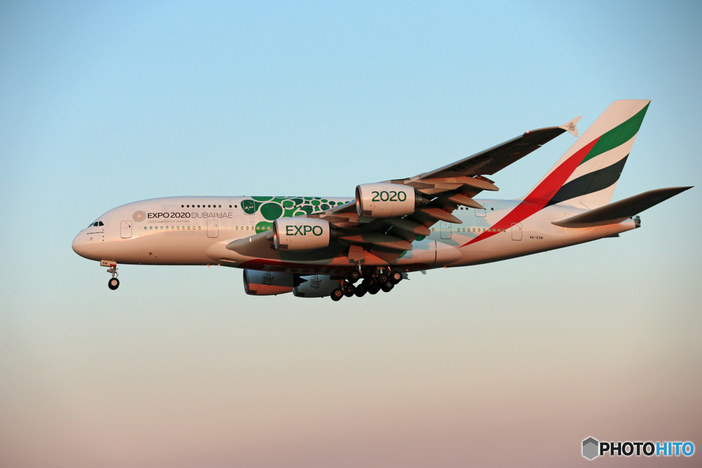 「スカイ」 エミレーツ航空特別塗装Expo「緑」 着陸します