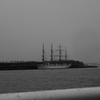 雨の横浜　大桟橋に泊まる船
