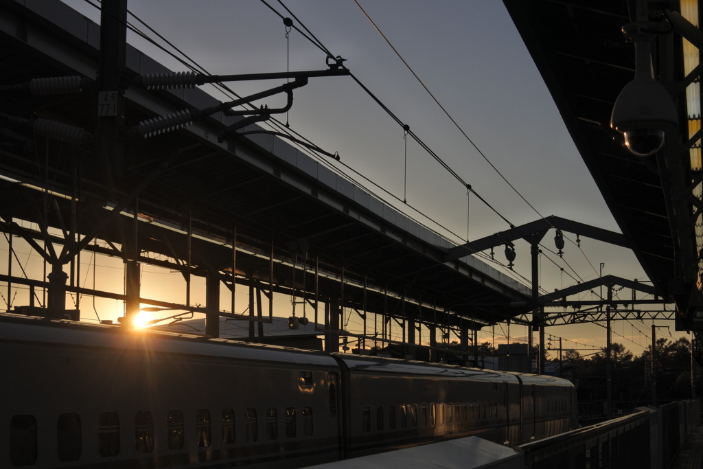 夕陽の中を、北陸へと旅立つ新幹線